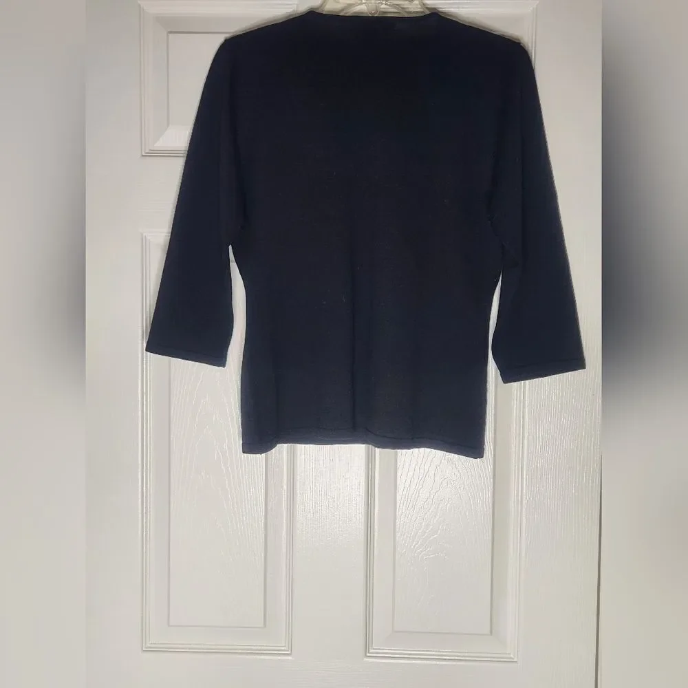 INC LP Black V-Neck Top with Beaded Necklace 3/4Slv SILK Blend Women Top Sweater